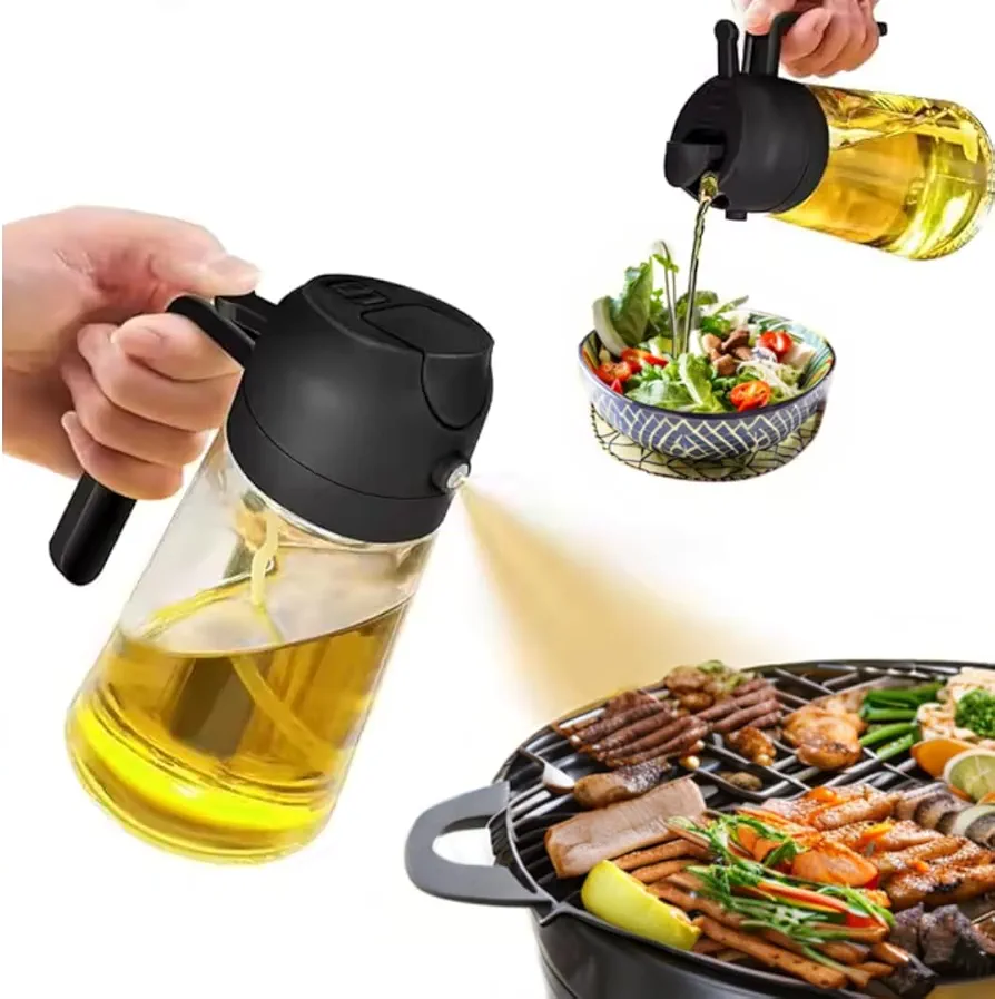Oil Sprayer and Dispenser, 2-in-1 with Flip Cap for Grilling/Cooking, 16oz/470ml Glass Bottle, Oil Mister for Air Fryer, Salad, Frying, BBQ, Black
