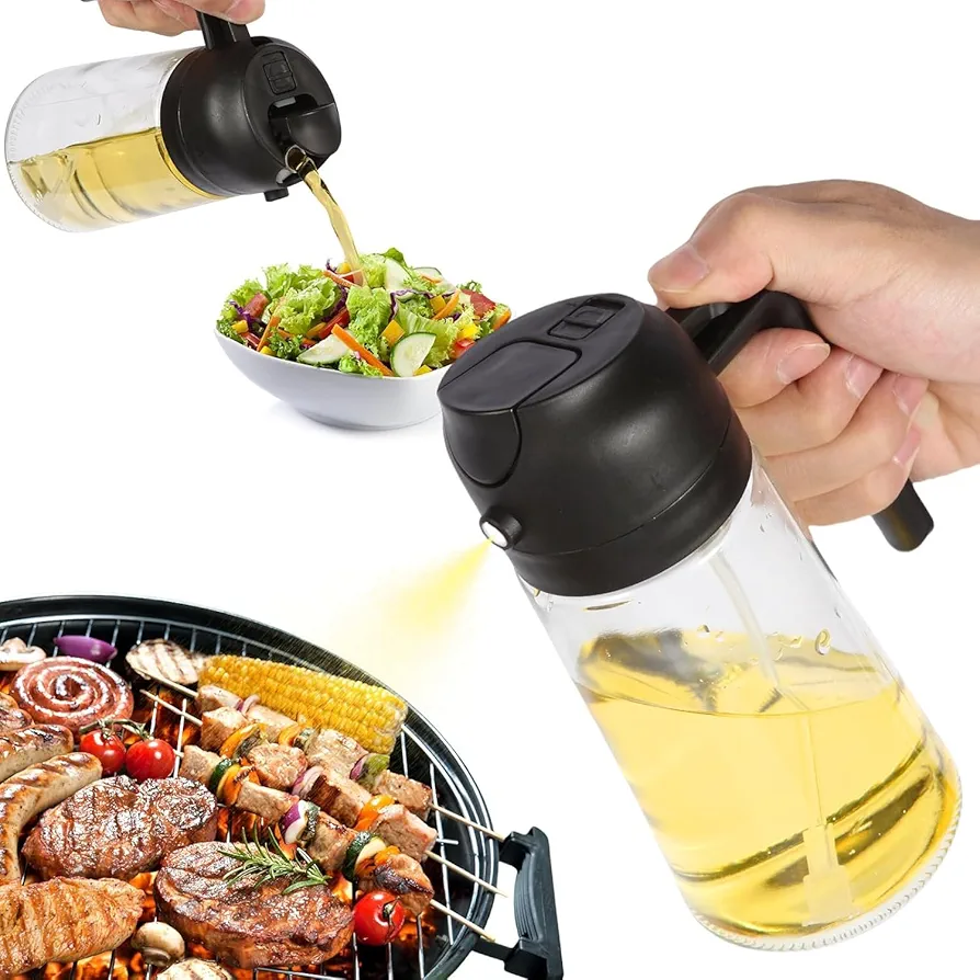 Oil Sprayer for Cooking,2 in 1 Olive Oil Dispenser and Oil Sprayer,16oz/470ml Premium Glass Oil Bottle,Oil Spray Bottle,Mist Olive Oil Dispenser for Kitchen,Air Fryer,Salad, Grill. (black（1 pack）)