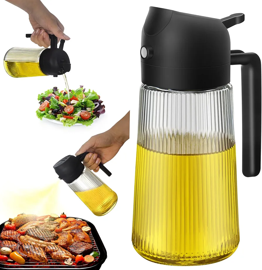 16oz Ribbed Oil Dispenser Oil Sprayer for Kitchen Cooking, 2 in 1 Olive Oil Dispenser Bottle Spray and Pour Glass Oil Spritzer Pourer Refillable