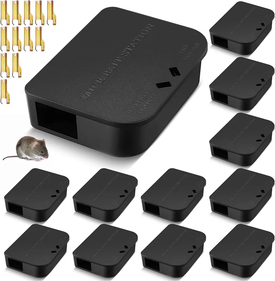 Qualirey 12 Pcs Mouse Bait Stations Mouse Stations with Keys Mouse Traps, Keeps Children and Pets Indoor and Outdoor, Only for Small Mice, Bait Not Included (Black)