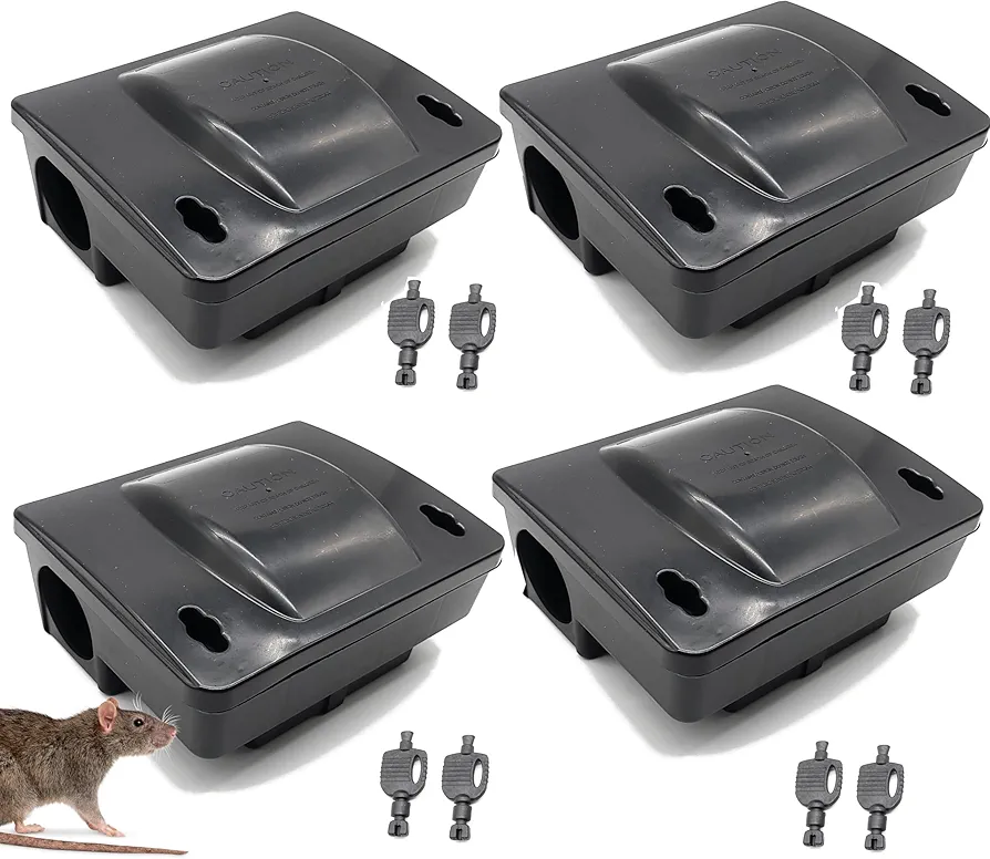 Rat Bait Station 4 Pack - Rodent Bait Box with Dual Keys - Eliminates Rats Fast. Children and Pet Safe Indoor Outdoor (4 Pack) (Bait not Included)