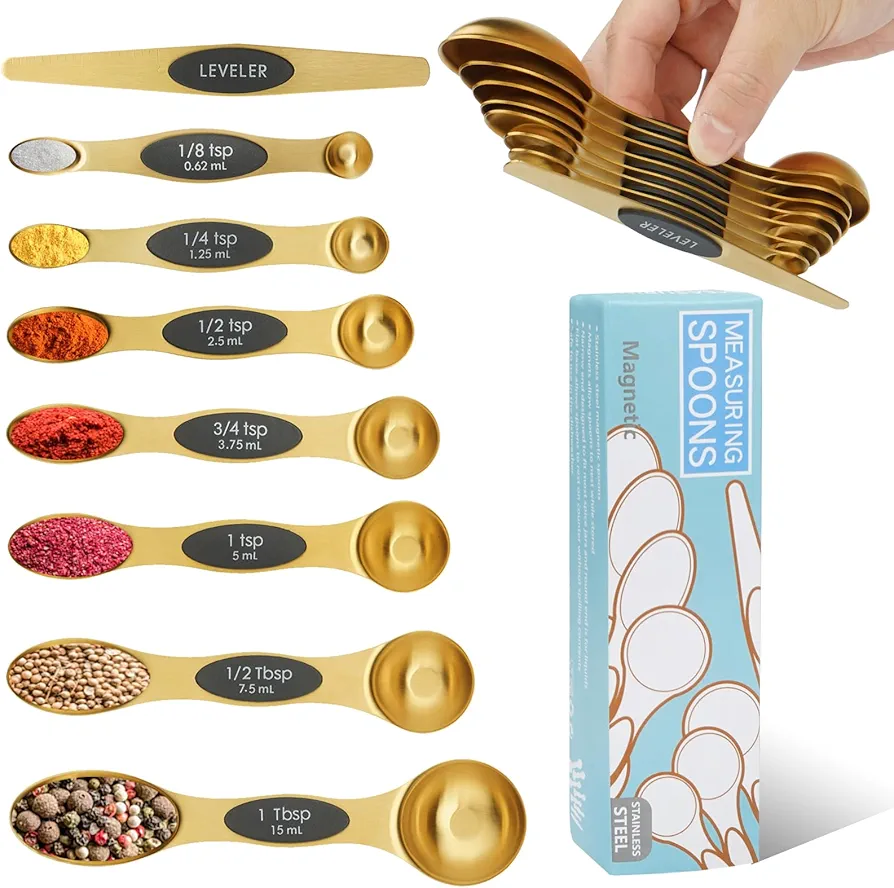 Magnetic Measuring Spoons Set of 8 with Leveler Stainless Steel Dual Sided Teaspoon and Tablespoon Stackable Fits in Most Kitchen Spice Jar