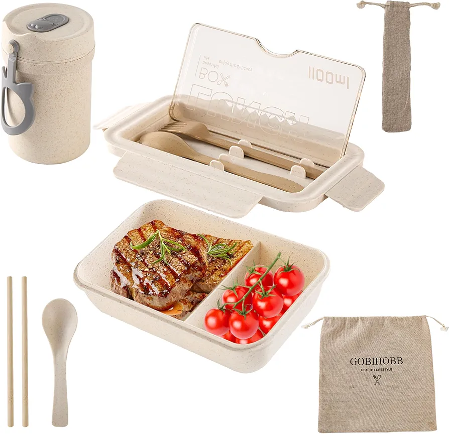 Bento Box 1100 ml with 2 Compartment,Lunch box with Cup,Soup Cup,Cutlery,Beige Bag,Bamboo Straws,Bento Box Adult,Small Bento Box,Beige Bento Box,Bento Lunch box With Bag