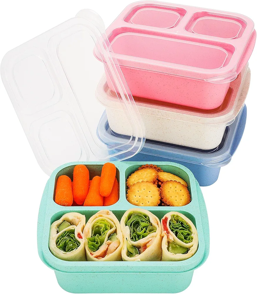 Bento Box for Kids (4 Pack) - Snack Containers - Bento Snack Boxes 3-Compartment Food Containers for School, Work and Travel, Meal Prep Containers Reusable, Lunchable Container for Kids and Adults