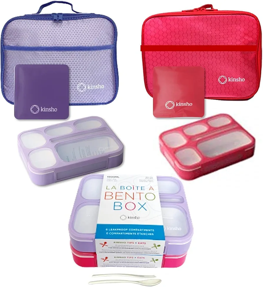 Bento Boxes with Bags and Ice Packs Set of 2. Lunch Box Snack Containers for Kids Boys Girls Adults. 6 Compartments, Leakproof Portion Container Insulated Bag for School Lunches, Pink, Purple