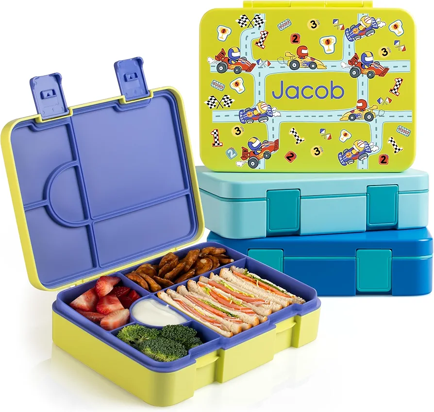Amazing Items Personalized Lunch Box for Kids with Name and Theme, 5 Compartments Drop-Proof Bento Box, Dishwasher Safe, Made with BPA-Free Materials, Bento Lunch Box for Kids and Toddlers, Yellow