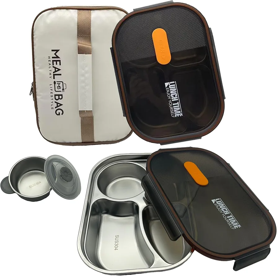 Stainless Steel Bento Box for Adults,Leakproof and BPA-Free, 1500ML Stainless Steel Lunch Box with 4 Compartments,1 Small Bowl,1 Lunch Bag,Stainless Steel Lunch Container for Travel,Office(brown)