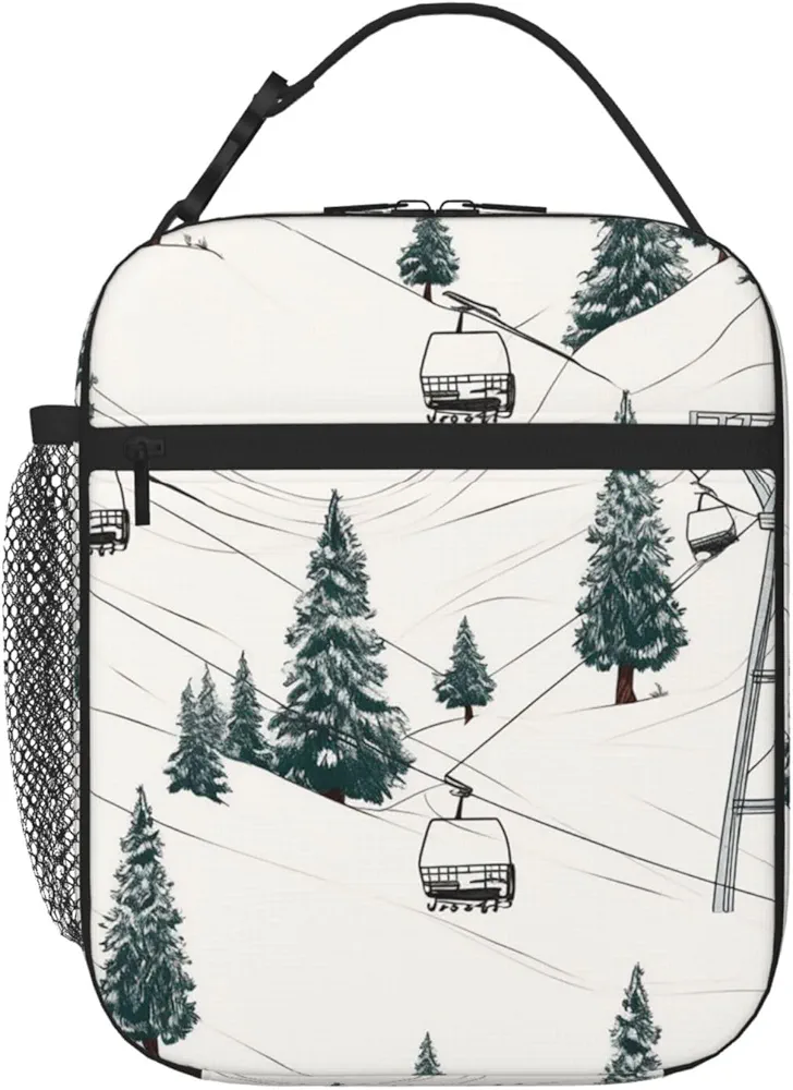Insulated Lunch Bag Ski Lift With Fir Tree Printed Lunch Box for Women Men Reusable Portable Lunchbox for Travel Work Picnic