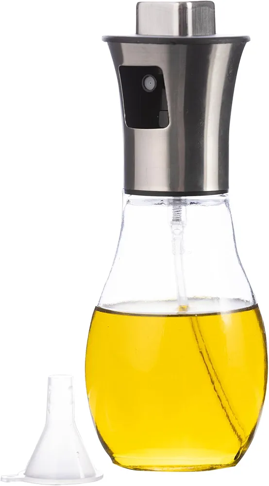 Kitchen Oil Sprayer for Cooking, 6.8oz/200ml Olive Oil or Vinegar, Trigger Design Round Spray Bottle, Stainless Steel Finish