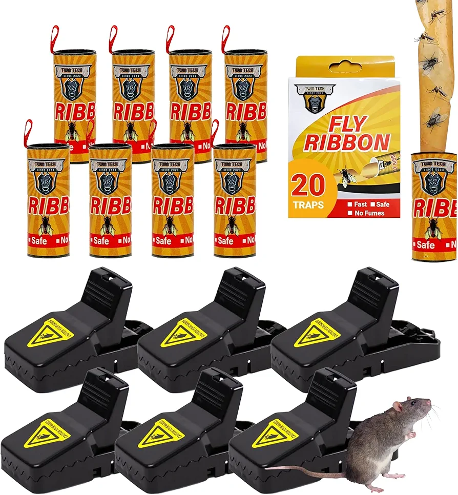 TwinTech Complete Pest Control Set - Mouse Traps & Fly Ribbon for Indoor/Outdoor Use – 6-Pack Rodent Traps (4"x1.9"x2.3") & 8-Pack Fly Strips for Fruit Flies, Gnats & Mosquitoes