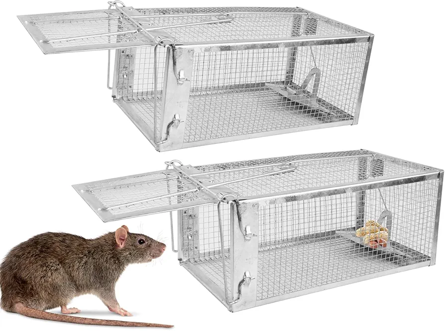 2 Packs Humane Rat Trap, Live Animal Trap Cage for Indoor and Outdoor, Live Catch Rat Trap, Mouse Vole Chipmunk Vole Traps Rodents Cage, Catch and Release