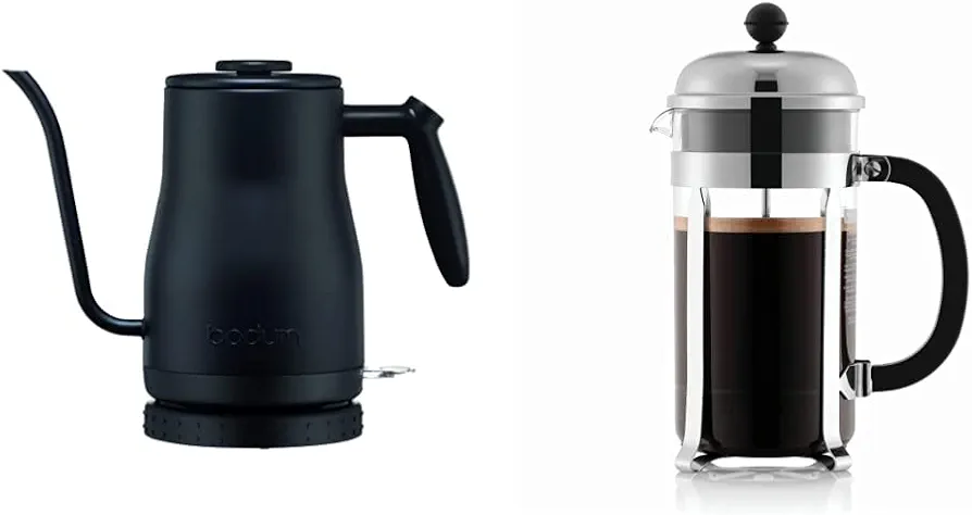Bodum 11940-01US Bistro Gooseneck Electric Water Kettle, 34 Ounce, Black & 1928-16US4 Chambord French Press Coffee Maker, 1 Liter, 34 Ounce, Chrome