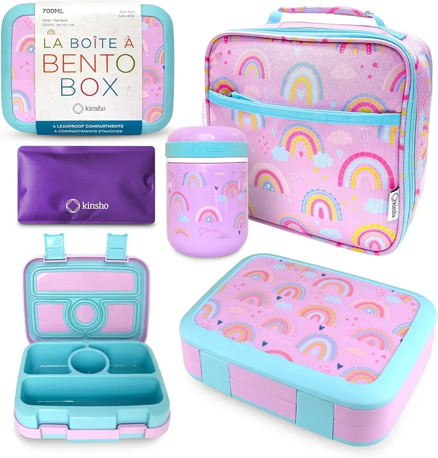Bento Lunch Box with Thermal for Kids Set, Insulated Lunch Bag with Ice Pack, Stainless Steel Food Jar for Hot Soup, Boxes with 4 Compartments, Purple Rainbow