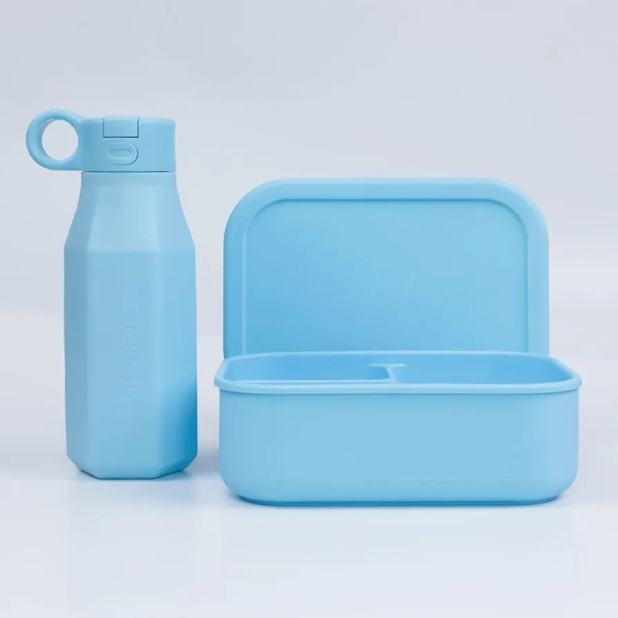 Silicone Water Bottle & Bento Box Set - 100% Food-Grade, Eco-Friendly for Kids-350 ml water bottle, 800 ml bentobox (Baby Blue)