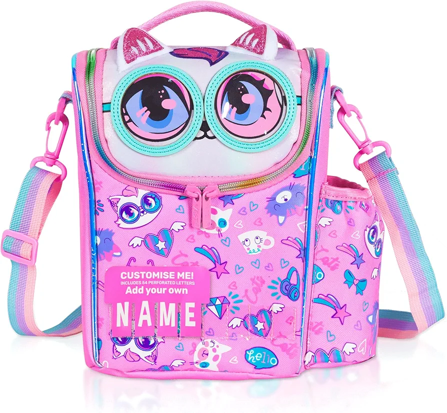 Kids Cooler Insulated Lunch Bag, Back to School Large Meal Tote for Girls, Boys, Men, Women, with Water Bottle Holder and Adjustable Strap, Cat