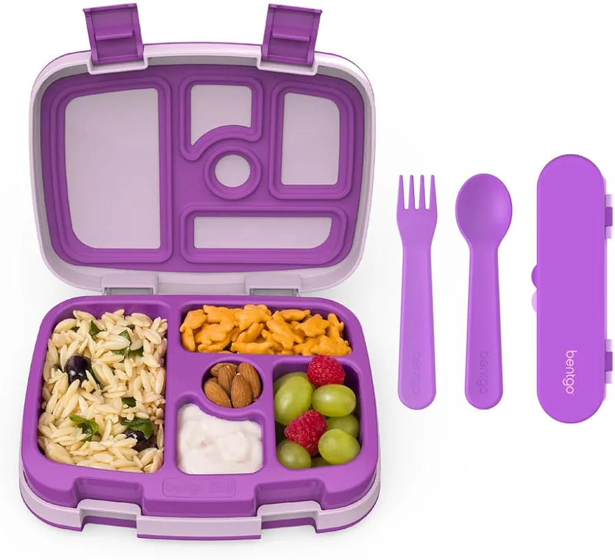 Bentgo® Kids Bento-Style 5-Compartment Lunch Box With Kids Reusable Plastic Utensils (Purple)