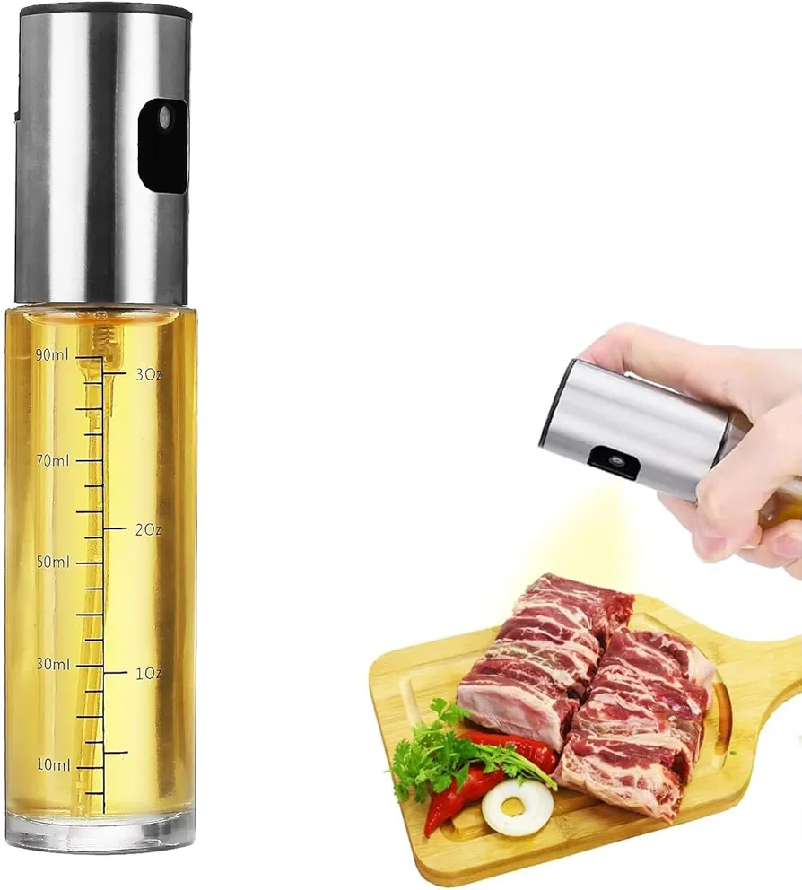 Oil Spray Bottle Kitchen Dispenser for Cooking 30oz/90ml Olive Oil Sprayer with Scale Portable Glass Mister for Air Fryer, Salad, Butter, BBQ, Vinegar, Grill, Vegetable, Essential Oils, Empty Spritzer
