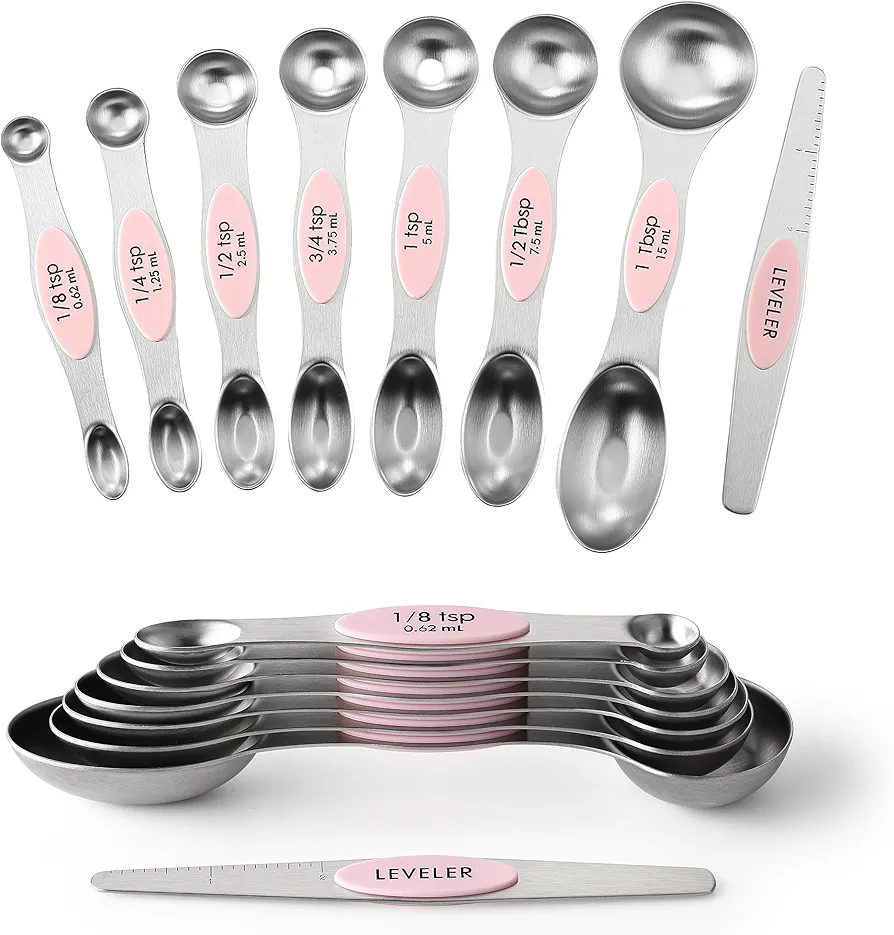 Spring Chef Magnetic Measuring Spoons Set, Dual Sided, Stainless Steel, Fits in Spice Jars, Pink Lemonade, Set of 8, 2 Pack