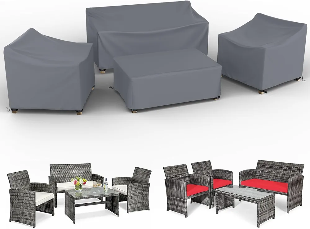 Patio Furniture Covers Set 4 Piece Outdoor Furniture Cover Waterproof, 600D Heavy Duty Lawn Outdoor Patio Furniture Set Covers - Grey Large