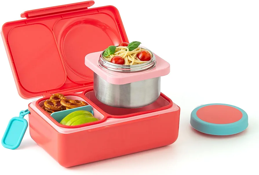 Omie OmieBox UP bento Box for Kids | Insulated Lunch Box | Leak Proof Thermos Food jar | Cooler ice Pack | 2 Compartments (Cherry Pink)