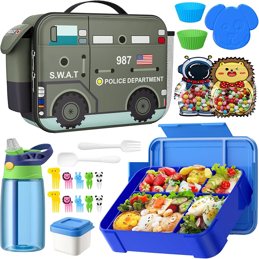 Bento Box for Kids with Insulated Lunch Bag, Lunch box Set with Kids Water Bottle, Ice Pack, Utensils, Sauce Container, Lunch Container for Kids, Toddlers, Boys Age 3-15(Black Police Car)