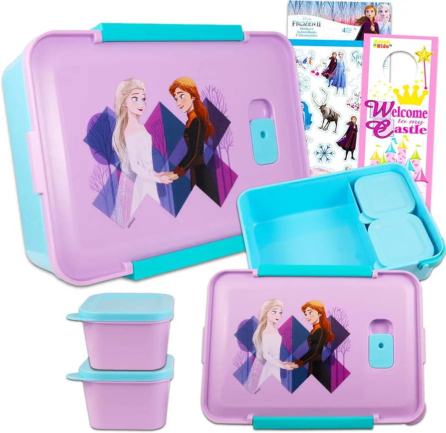 Frozen Lunch Box for Girls - Bundle with 2 Frozen Bento Lunch Boxes with Mini Containers Plus Stickers, More | Frozen Lunch Box Containers Set