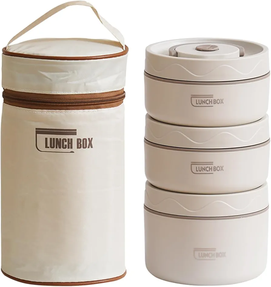 Vacuum Stainless Steel Leak Proof and Insulated Stainless Steel Three-Layer Lunch/Snack Box (with Insulation Bag), Suitable for Bringing Food to Office, Picnics (White, 50oz)