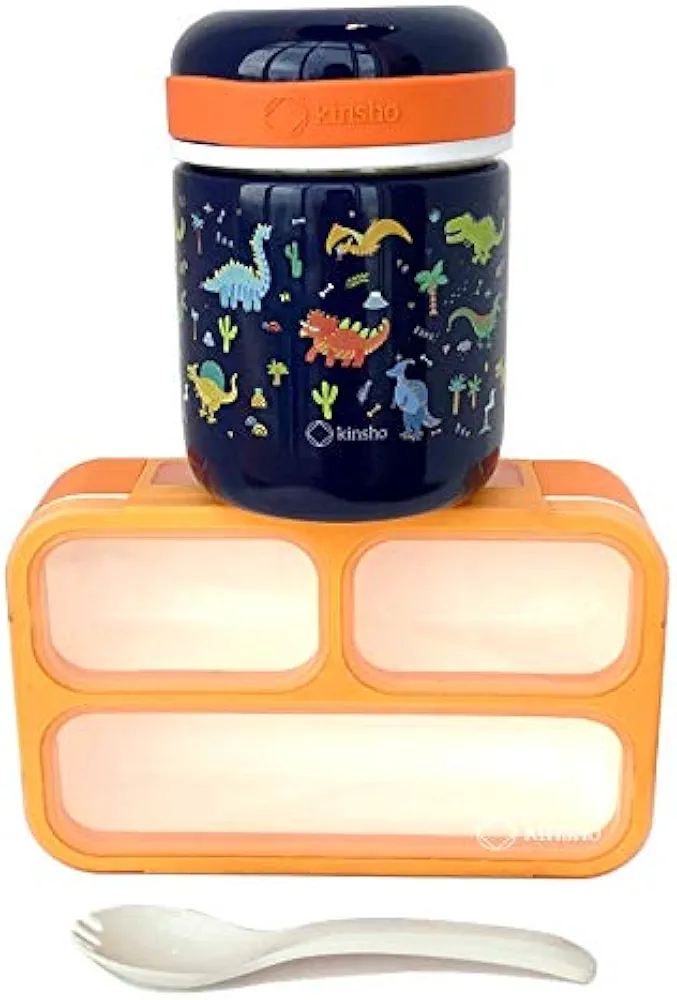 Kids Soup Thermal & Bento Lunch Box, Insulated Stainless Steel Wide Mouth Hot Food Jar & Small Lunchbox, Toddlers Boys Pre-School Daycare Leakproof Vacuum Seal Container 10 oz Blue Orange Dinosaur