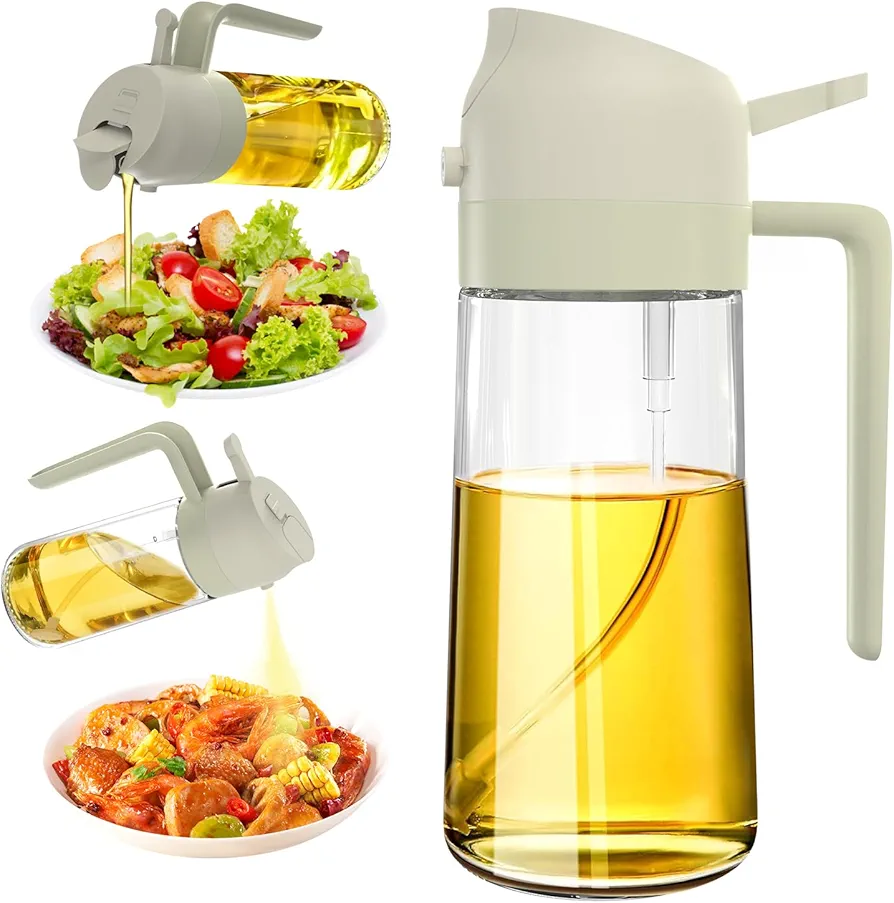 Oil Dispenser for Kitchen, 2 in 1 Oil Dispenser and Oil Sprayer for Cooking, 470ML/16OZ Glass Oil Spray Bottle for Air Fryer, Salad, Grilling, Roasting (White)
