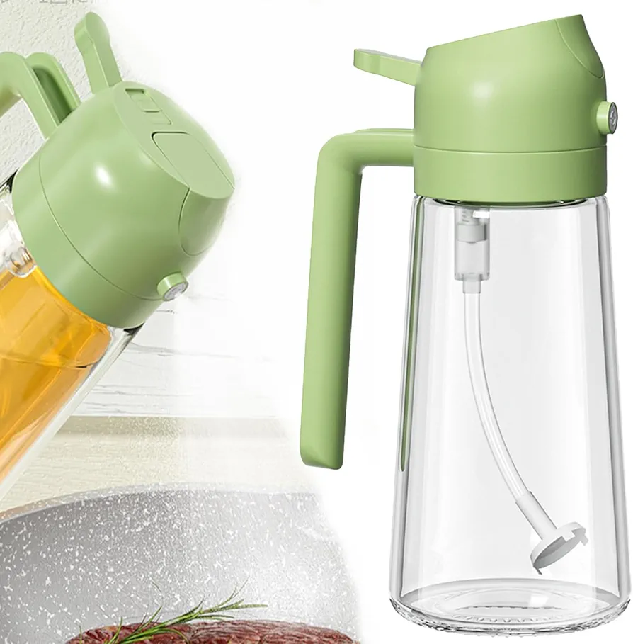Oil Dispenser Oil Sprayer for Cooking, 2 in 1 Glass Olive Oil Dispenser Bottle for Kitchen, 470ml Food-grade Oil Mister for Air Fryer, Salad Making, Frying, BBQ(Green)