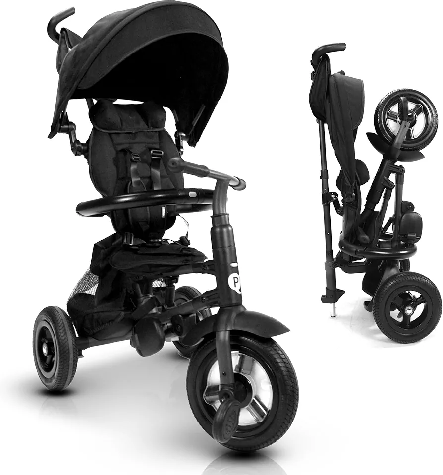 QPlay Rito Toddler Tricycle with 3-Stages - Premium Push Trike Featuring Easy Storage & Transportability, Safety Harness, Adjustable Canopy & Parent Handle (Ages 1-5, Black)