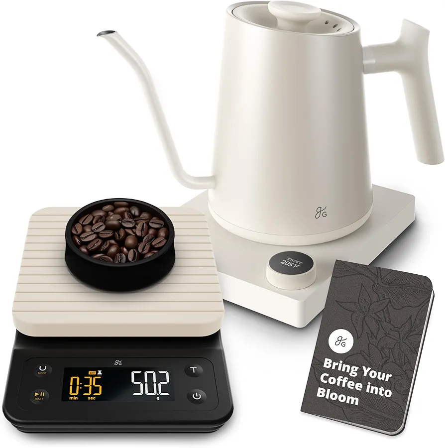 Greater Goods Electric Gooseneck Kettle and Coffee Scale, Designed in St. Louis, Birch White