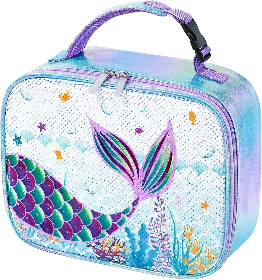 Sequins Mermaid Lunch Box- Insulated Bento Lunch Box for Kids Girls Lunch Bag School Preschool Picnic Camping Blue Polyester Lunch Tote Bag with Handle and Pocket Waterproof Reusable