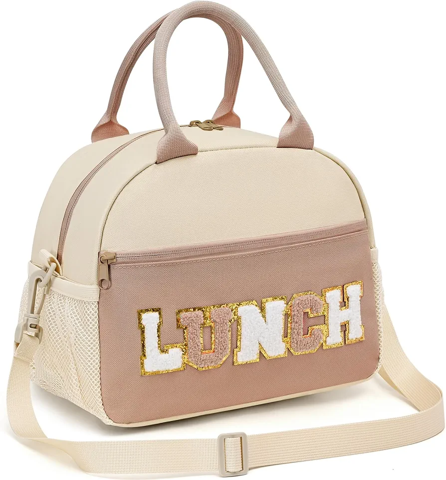 Lunch Bag For Women, Large Insulated Lunch Bag With Chenille Letter, Preppy Lunch Box For Work, Reusable Lunch Tote Bag With Adjustable Shoulder Straps, Portable Lunch Cooler For Picnic Coffee