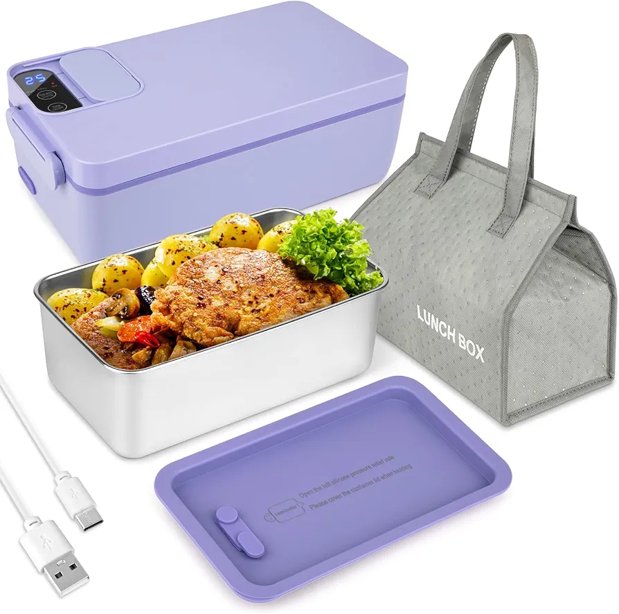 Keweis Cordless Electric Lunch Box Food Heater, Battery Powered Heated Lunch Box Food Warmer for Adults, Adjustable Heating Warming Time, 1L Self Heating Hot Lunch Boxes with Insulated Bag