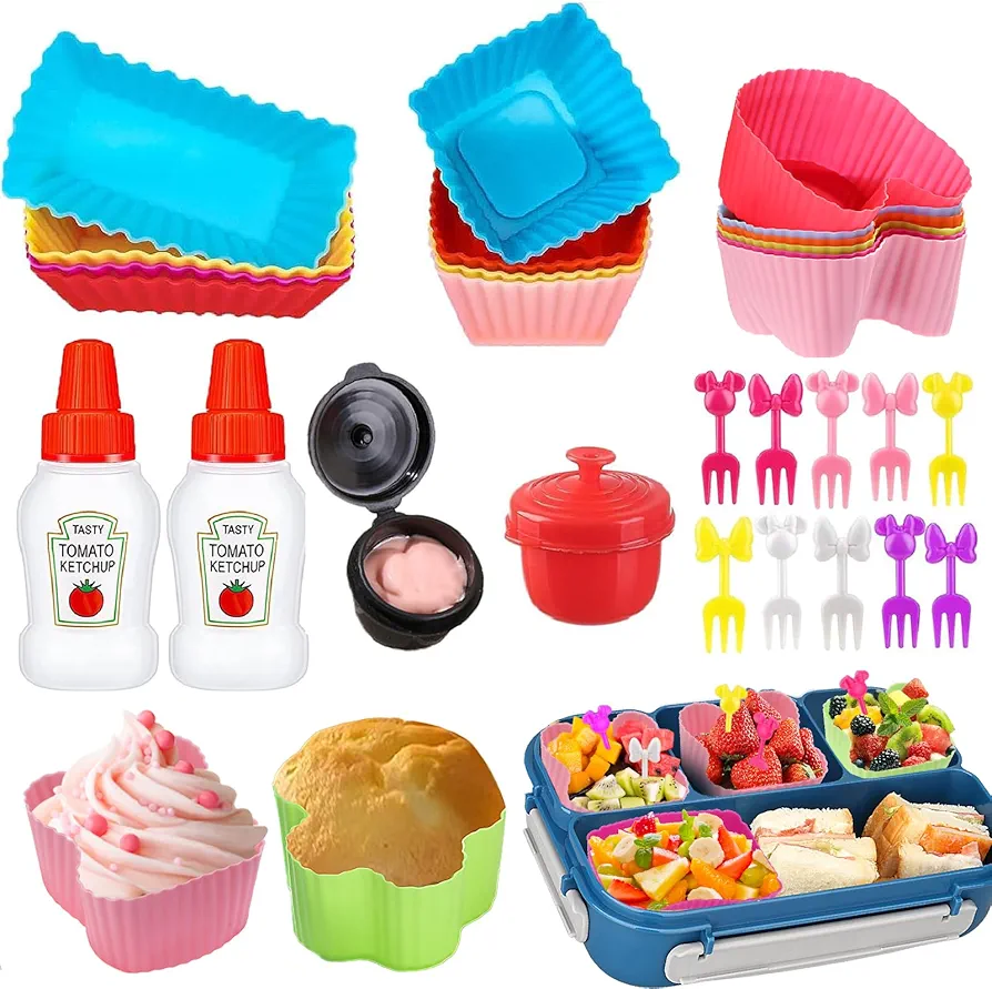 32 Pieces Kids School Bento Box Accessories Set, Silicone Lunch Box Dividers Mini Ketchup Bottle Salad Dressing Container and Fruit Picks, Cupcake Baking Cups Liners