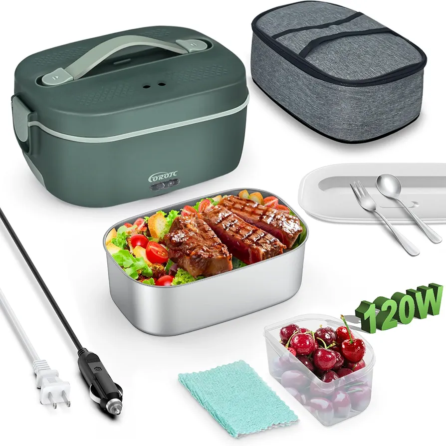 120W Electric Lunch Box Food Heater, 1.8L 5 IN 1 12V/24V/110V/220V/230V Heated Lunch Boxes For Adults/Work/Car/Truck/Home, Dual-Lid Portable Food Warmer Lunch Box With 0.45L Compartment