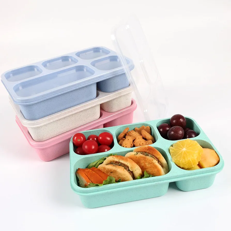 Bento box, 4 Pack Bento Lunch Box for Adult & Kids, 5 Compartment Adult Lunchable Containers with Sauce Jar, 44 Oz/1300ML Large Size, Work, and Travel(Wheat(Green/Blue/Pink/Beige))