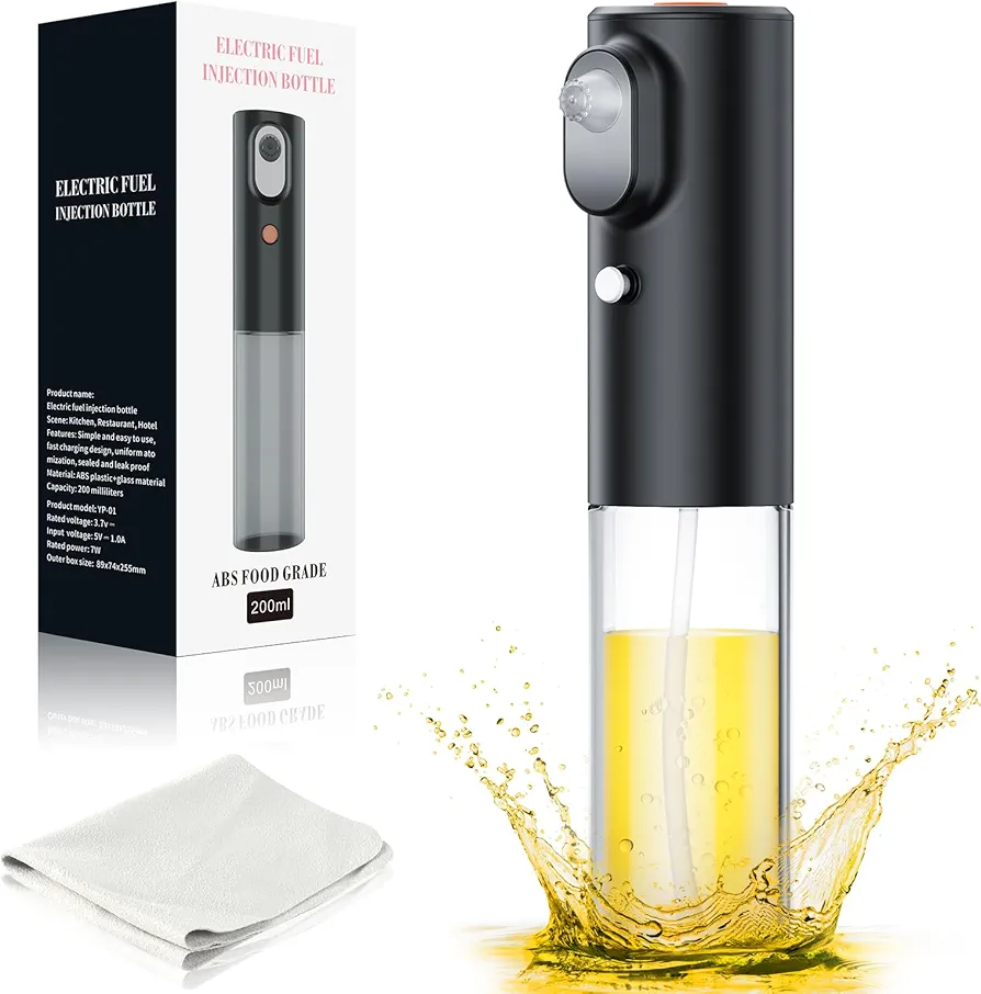 Oil Sprayer for Cooking - Electric Olive Oil Sprayer - 200ml Glass Oil Sprayer - Chargeable Oil Mister - Fine Mist Portable for Kitchen, Air Fryer, Cooking, Barbecue, Salad, Baking (Black)