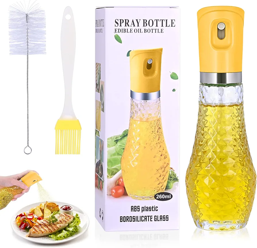 260ml Oil Sprayer for Cooking - Reduce Fat Intake and Enhance Flavors with Olive Oil Sprayer Bottle - Portable Spray Mister for Frying, Grilling, Baking, Salads, and Air Fryer (Yellow)
