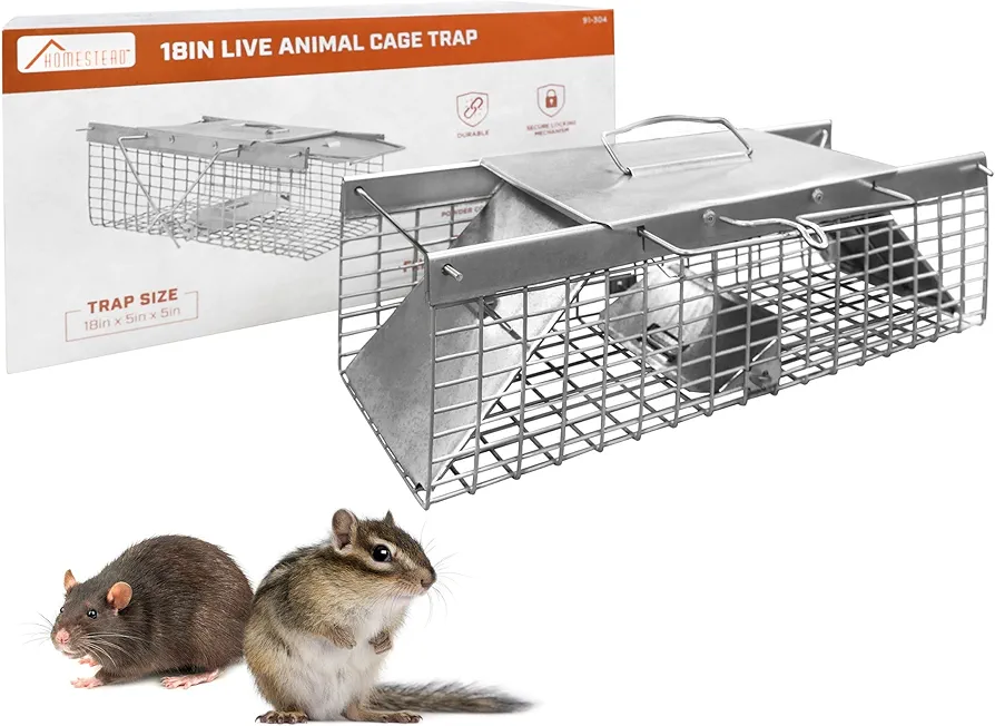 HOMESTEAD Live Rat Trap Indoor/Outside - Squirrel Trap, Have A Heart Animal Trap for Chipmunk, Small Rabbits, Weasel and Similar-Size Rodents, 18"x5"x5", 2 Doors, Fully Assembled