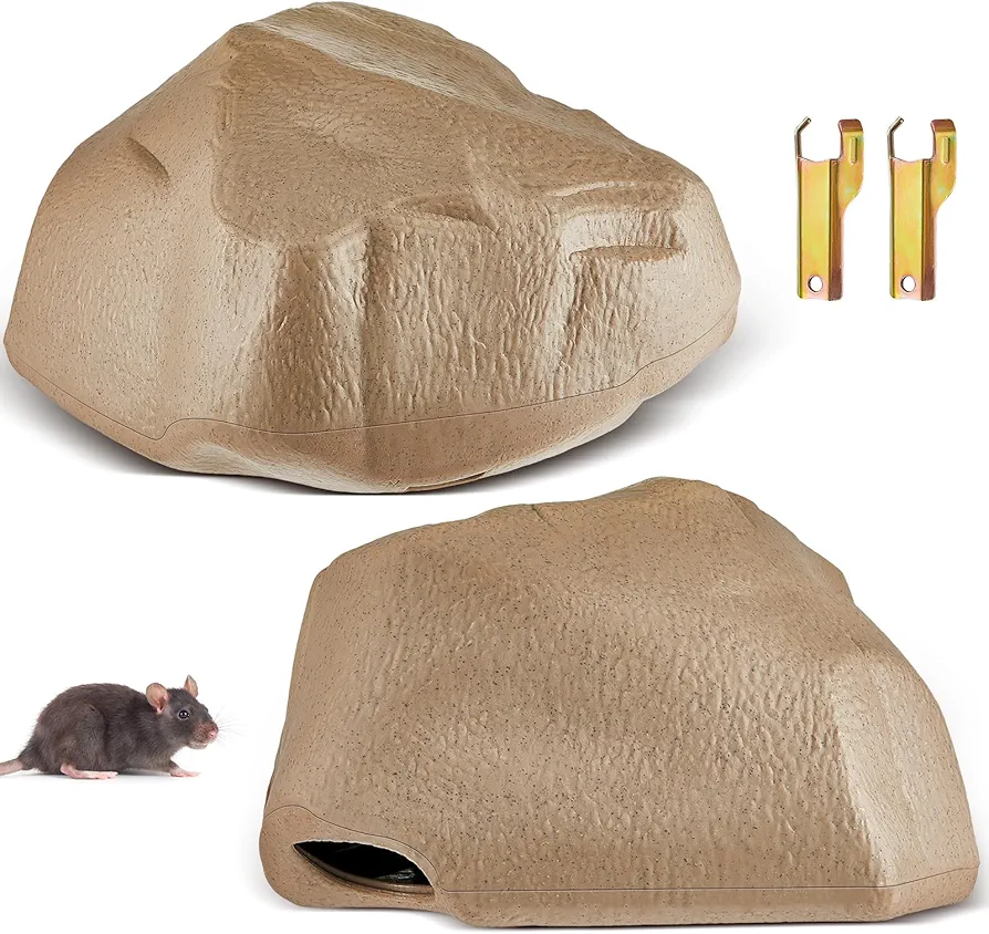 Qualirey 2 Pcs Rat Bait Station with 4 Pcs Keys 13.39 x 11.22 x 7.48 Inch Mice Bait Station Key Required Mouse Bait Traps Rock Shaped Rat Bait Box for Outdoor Indoor, Bait Not Included