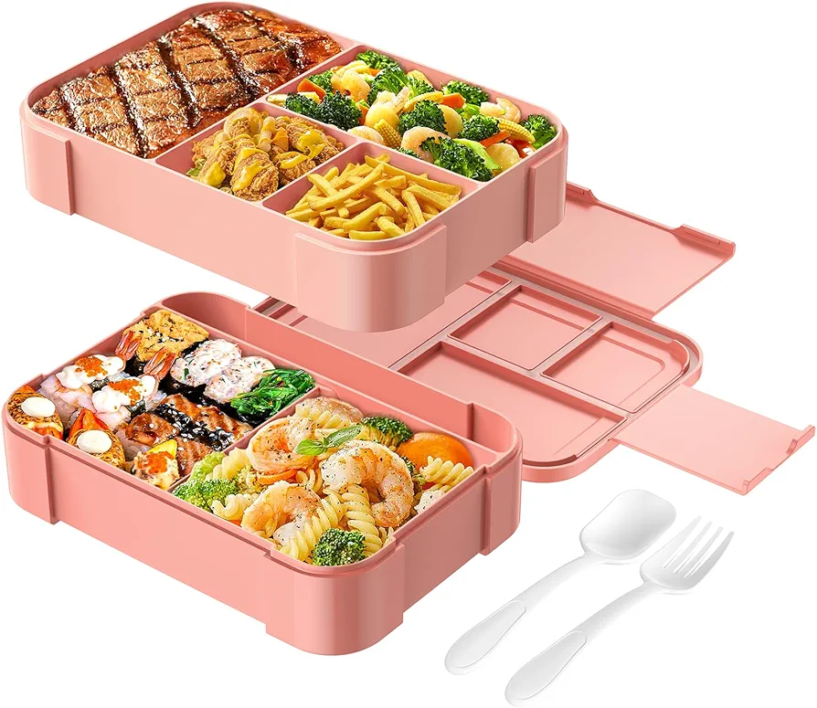 Cherrysea Stackable Bento Box Large Adult Lunch Container 6 Compartments Leakproof Kids Toddler Bento Lunch Box for School, All in One Pink Lunch Box with Adjust Divider for Office, Picnic - 1500ML