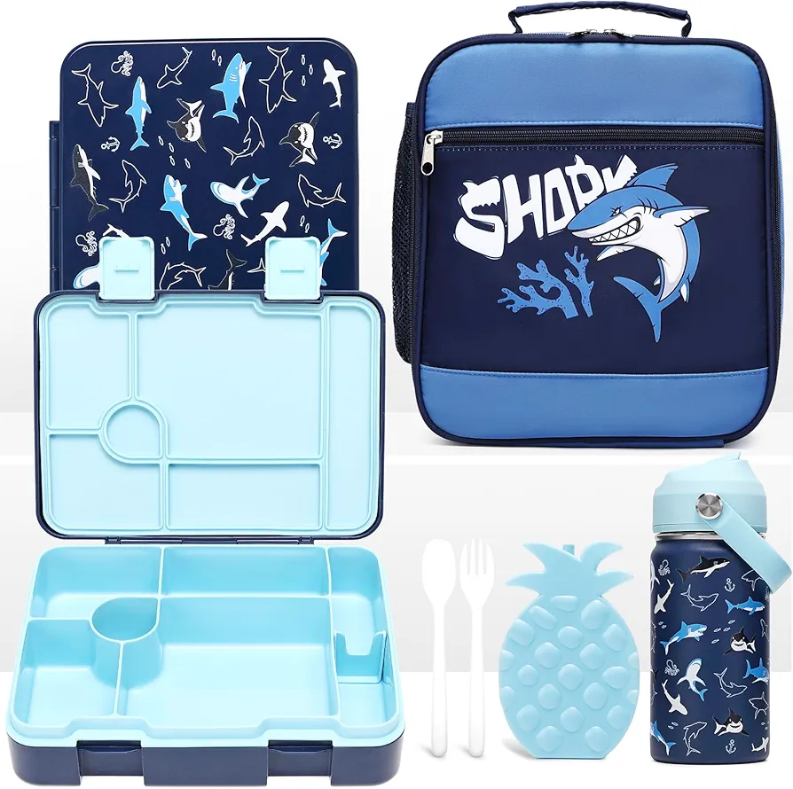 Bento Lunch Box for Kids with 14oz Insulated Water Bottle, Lunch Bag, Ic Box, BPA Free, 100% Leak-Proof, 4pcs Boys Lunch Box Set for Elementary Middle High School