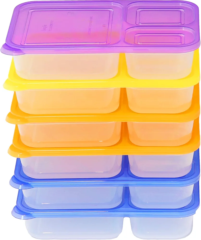 6 Pack - SimpleHouseware Color Reusable 3-Compartment Meal Prep Container Boxes (36 ounces)