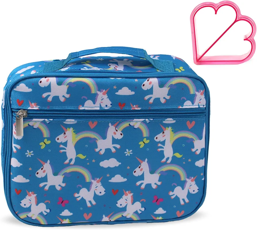 Lunch Box Soft Insulated Lunchboxes Thermal Lunch Bag Cooler Meal Tote Elementary Preschool Toddler Girls with Sandwich Cutter in Blue Rainbow Unicorns