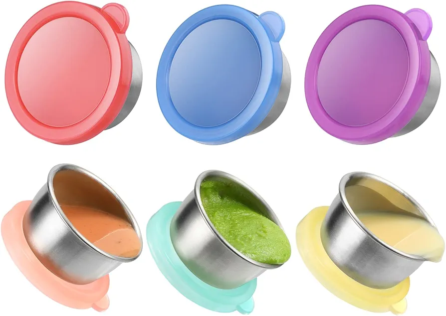 Salad Dressing Container To Go, 6x1.6 oz Small Containers with Lids, Fits in Bentgo Kids Lunch Box, Stainless Steel Condiment Cup, Premium Silicone, Easy Open, Leakproof Dipping Sauce Containers