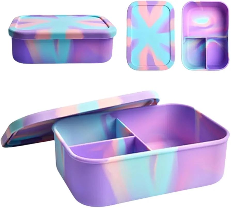 Silicone Lunch Box for Adults & Kids, 40oz Bento Box | 3 Compartments, Leak-Proof Design, 100% Food-Grade Silicone | Microwavable & Portable For All Occasions (5.7x8.5in, Purple)