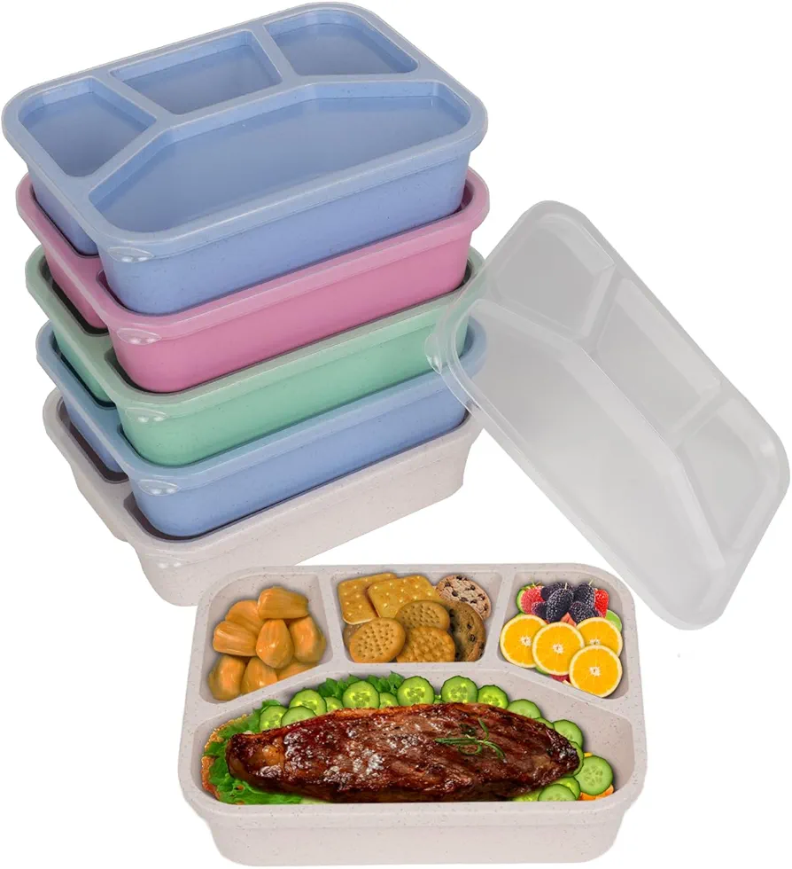 Bento Box Set-6 adult meal preparation containers, thickened and easy-to-clean lunch box containers, stackable, microwave safe, four-compartment