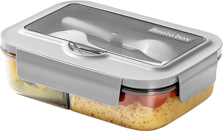 Classic - Bento Box, Lightweight, Durable, Reusable Bento Box, Box Container with 2 Compartments, Plastic Utensils, Insulated And Sealed Portable Compartmented Lunch Box,Can Be Microwaved (Gray)
